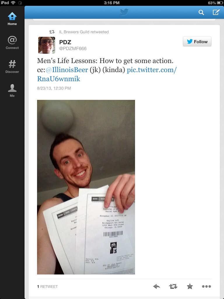 A tweet saying, "Men's Life Lessons: How to Get Some Action. cc @IllinoisBeer (jk) (kinda)." Retweeted by the IL Brewers Guild